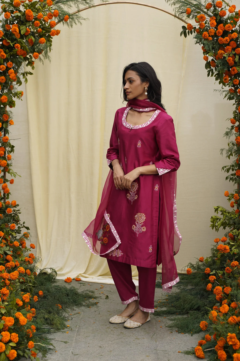 Maroon Thread Embroidered Kurta Set