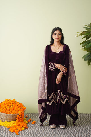 Blue Chevron Velvet Anarkali