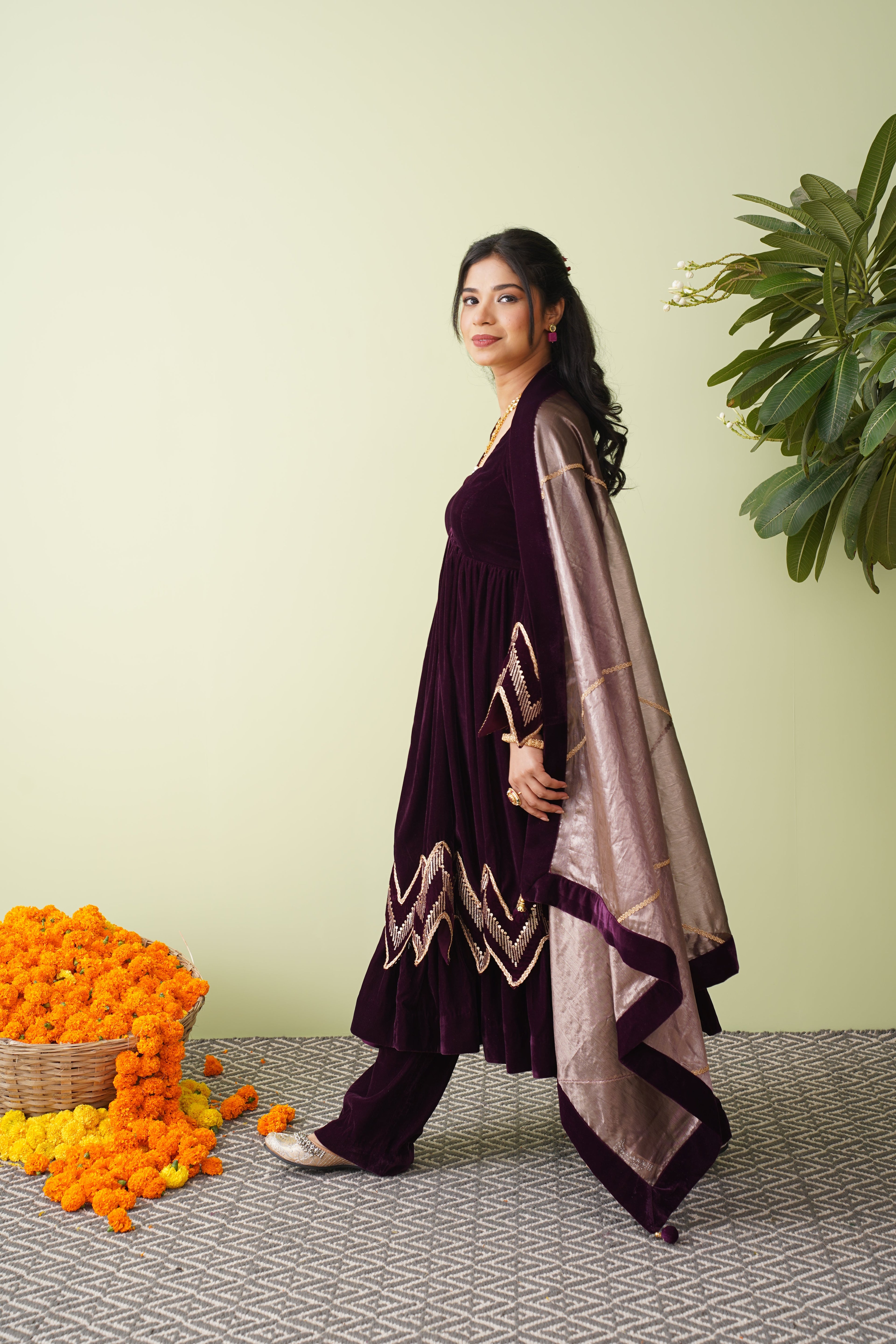 Wine Chevron Velvet Anarkali
