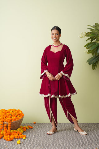 Raspberry Velvet Suit with Scalloped Tissue Dupatta