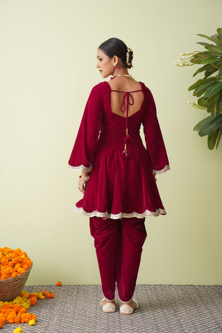 Raspberry Velvet Suit with Scalloped Tissue Dupatta