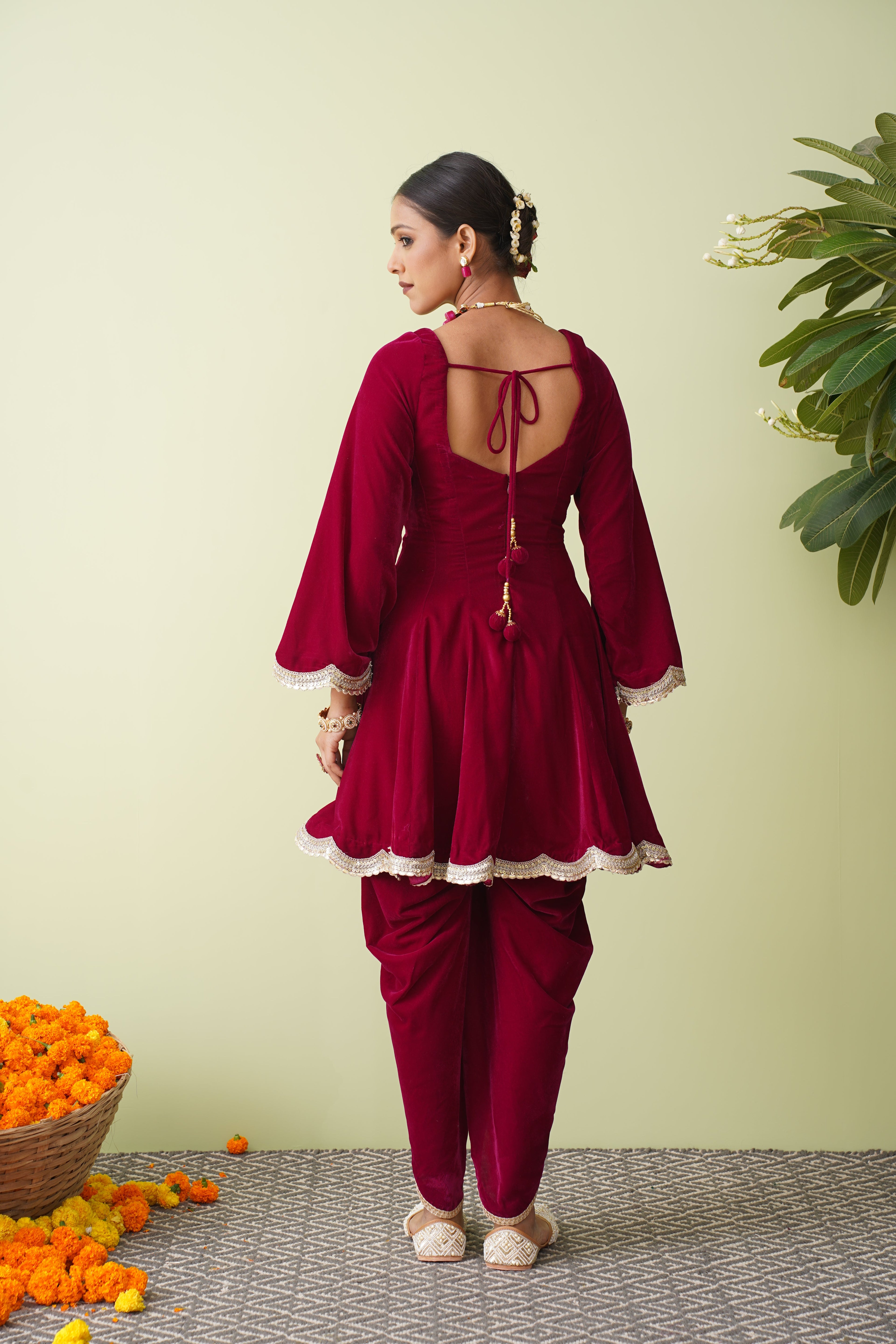 Raspberry Velvet Suit with Scalloped Tissue Dupatta