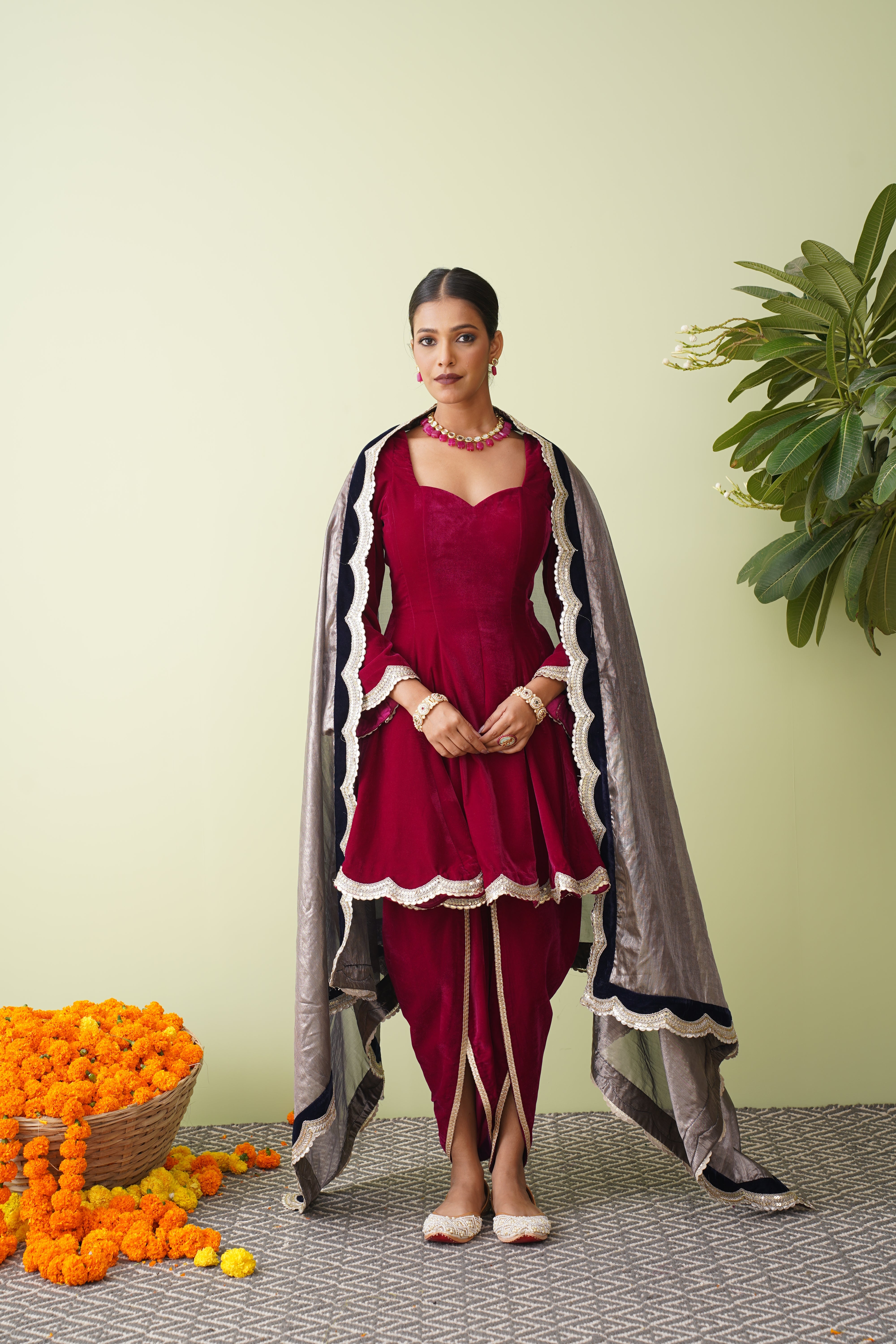 Raspberry Velvet Suit with Scalloped Tissue Dupatta Main image