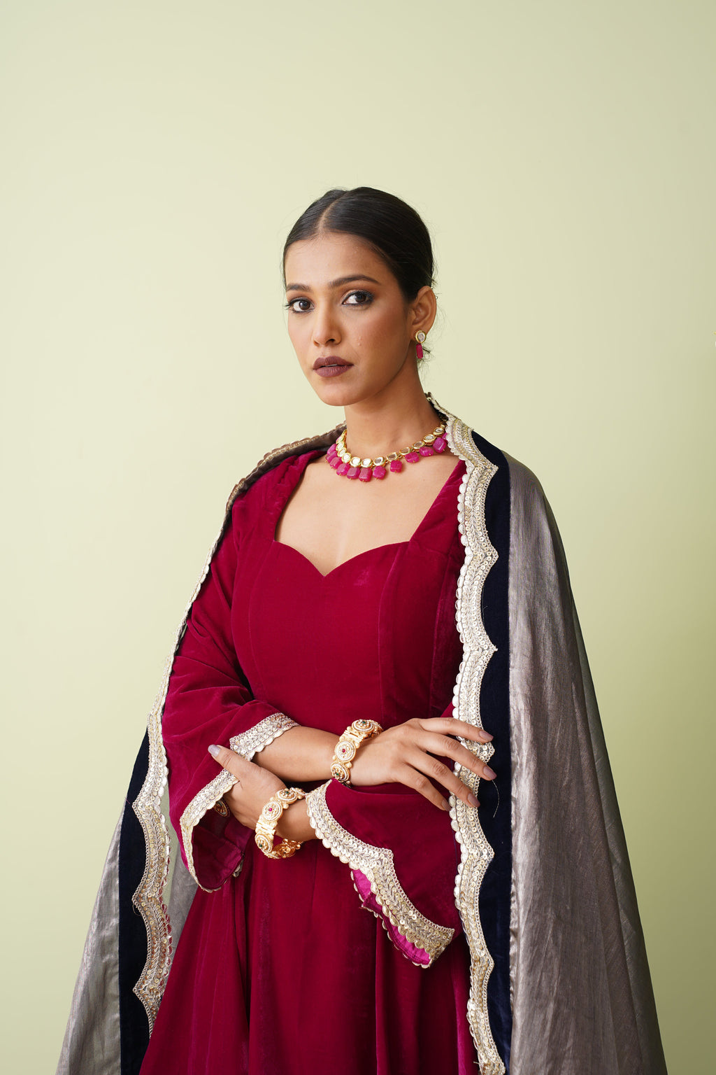 Raspberry Velvet Suit with Scalloped Tissue Dupatta