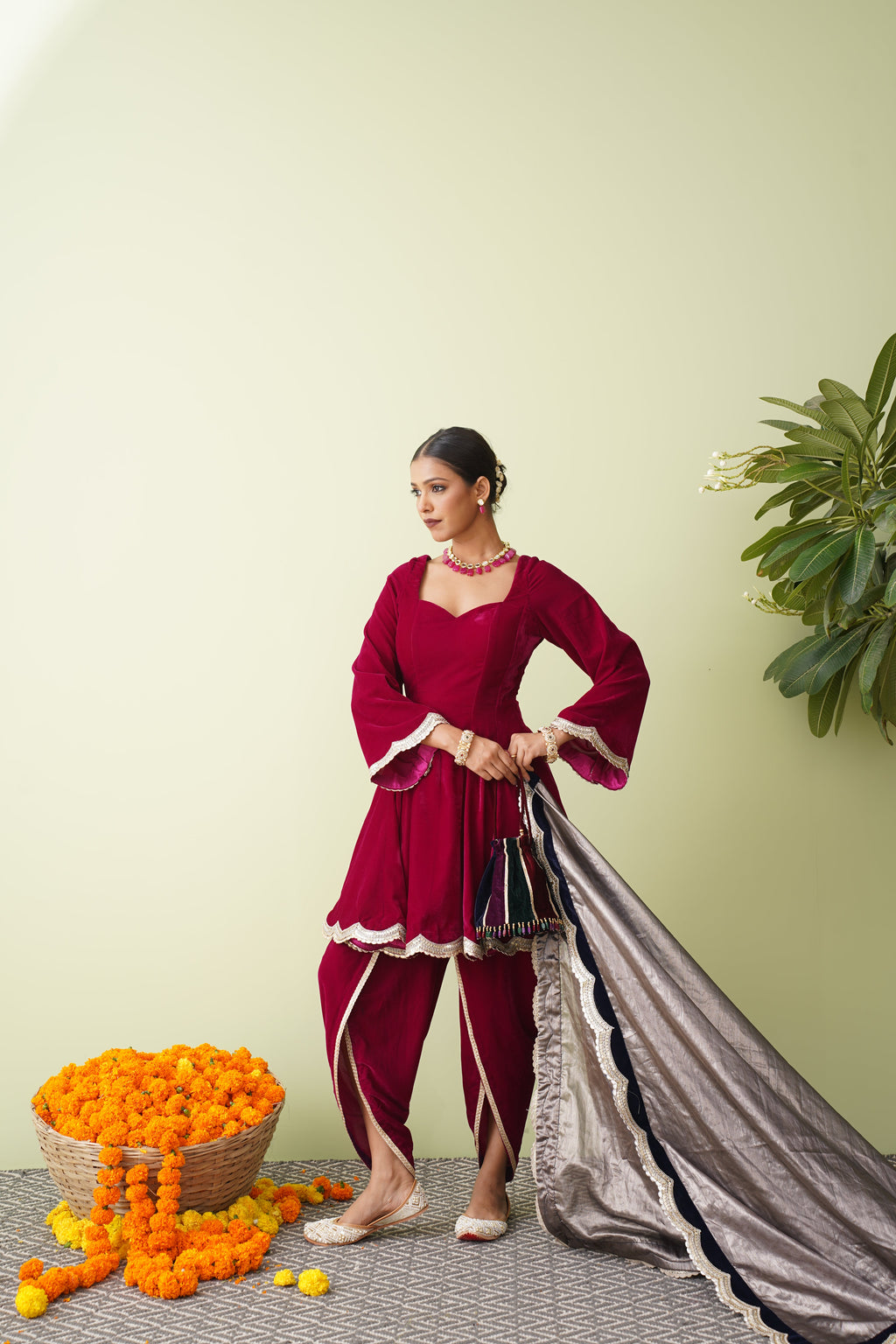 Autumn Ember Velvet Suit with Scalloped Tissue Dupatta