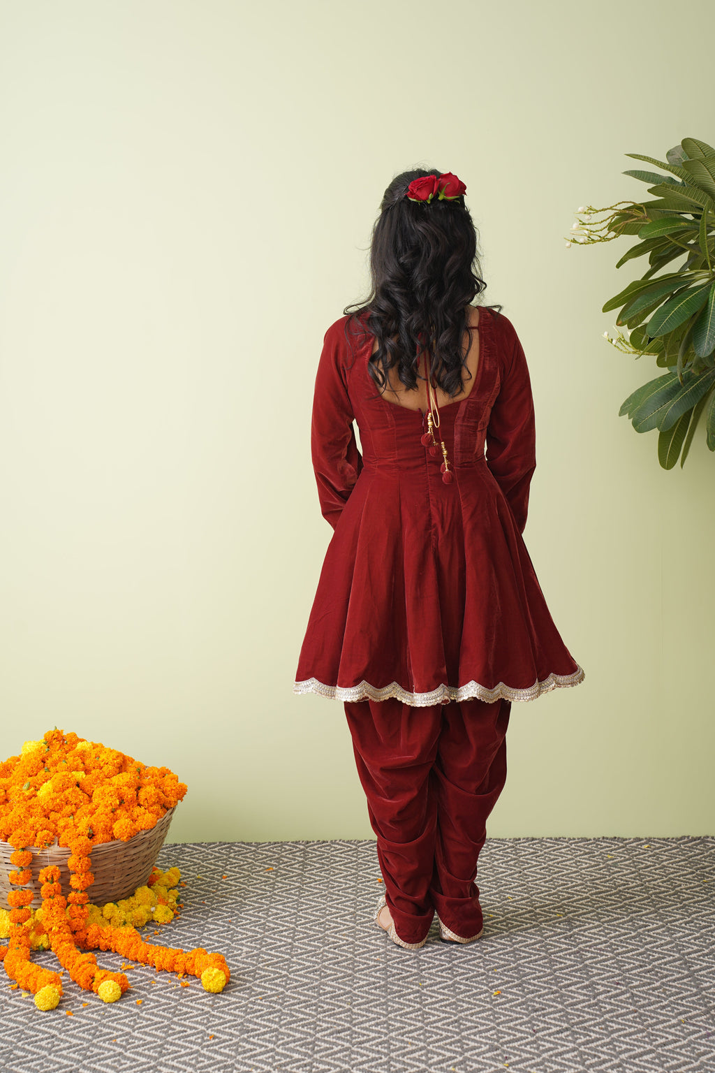 Raspberry Velvet Suit with Scalloped Tissue Dupatta
