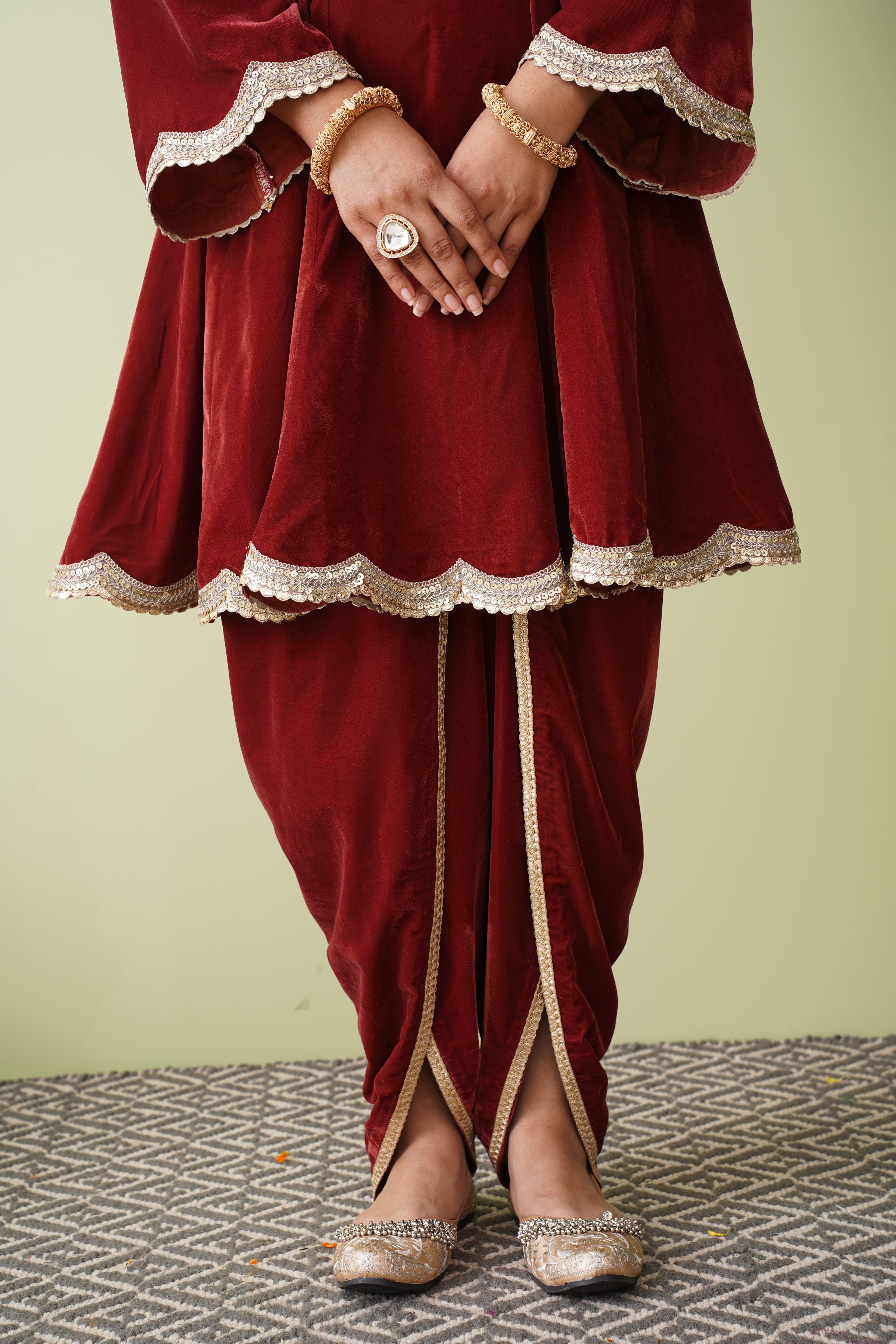 Raspberry Velvet Suit with Scalloped Tissue Dupatta
