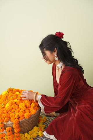 Raspberry Velvet Suit with Scalloped Tissue Dupatta