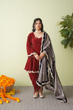 Raspberry Velvet Suit with Scalloped Tissue Dupatta