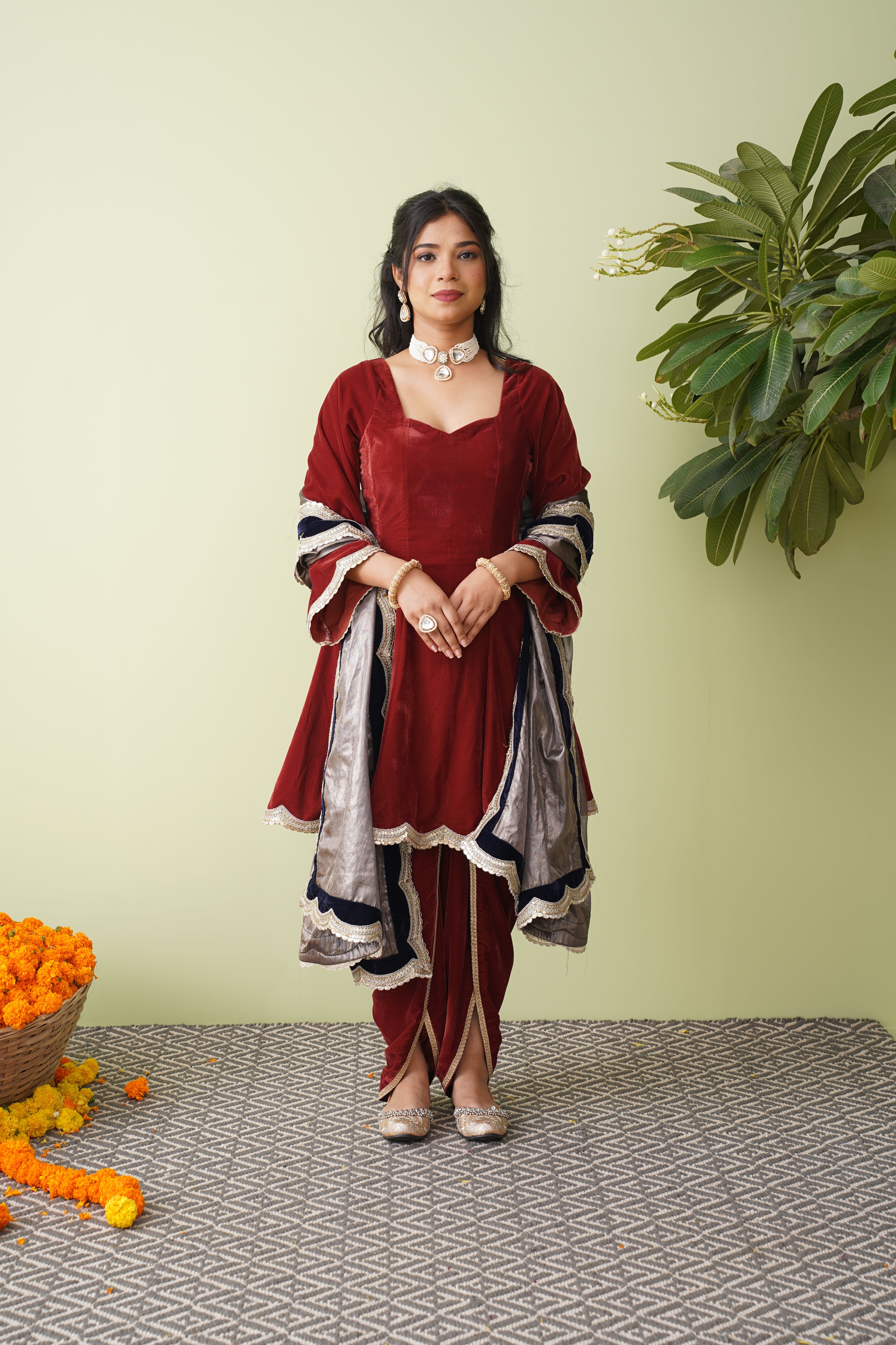 Raspberry Velvet Suit with Scalloped Tissue Dupatta