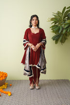 Autumn Ember Velvet Suit with Scalloped Tissue Dupatta