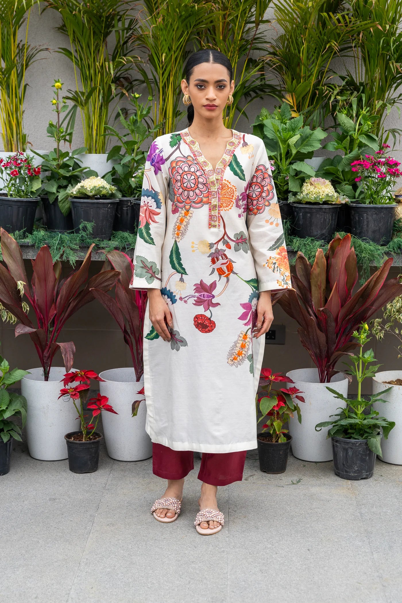 Ivory Printed Chanderi Silk Kurta Set