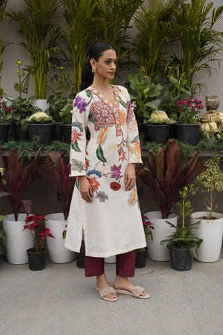 Ivory Printed Chanderi Silk Kurta Set