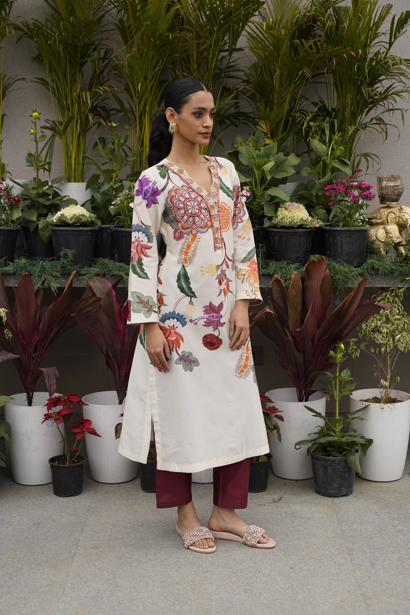 Ivory Printed Chanderi Silk Kurta Set