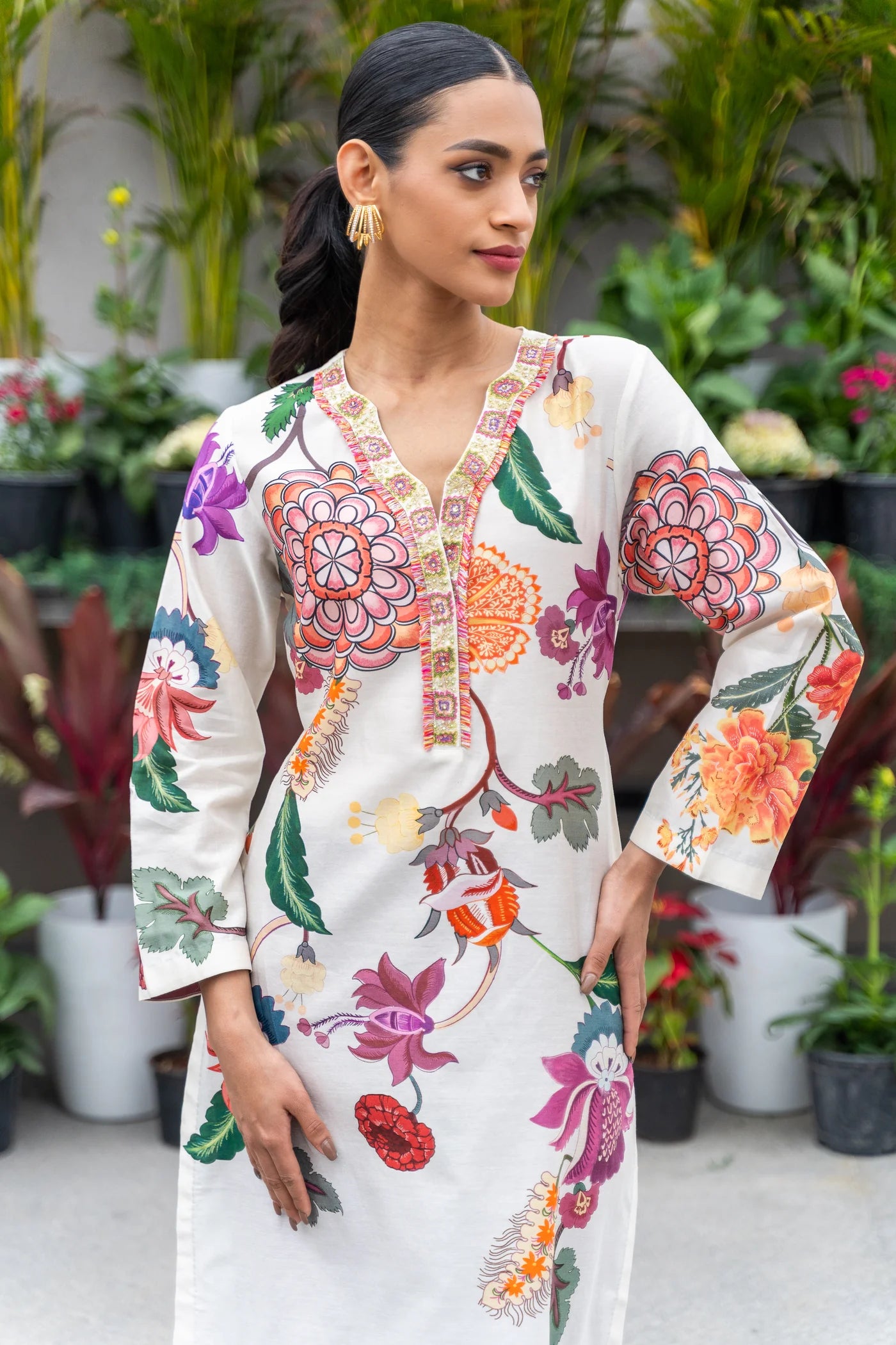 Ivory Printed Chanderi Silk Kurta Set