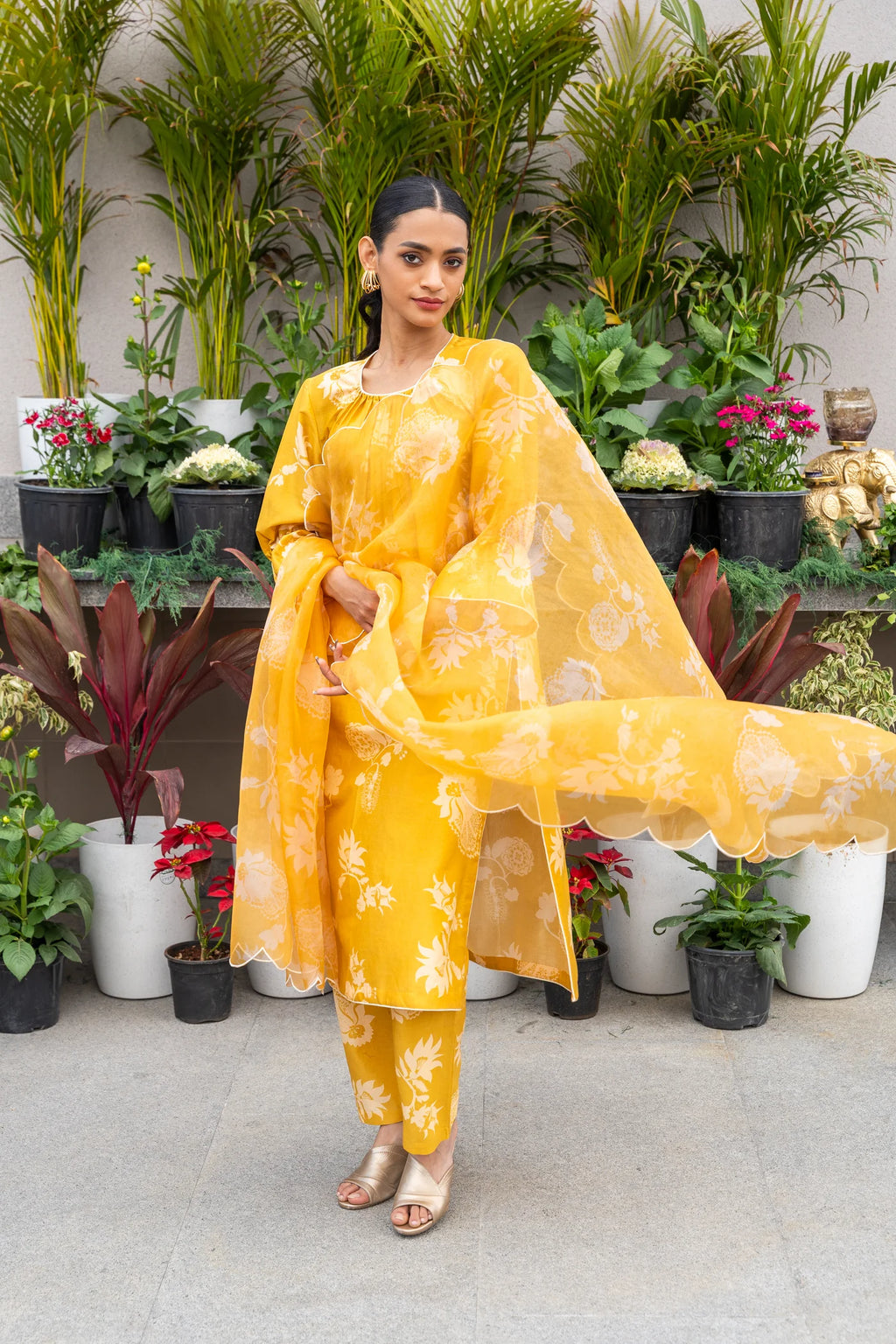 Mustard Yellow Printed Chanderi Kurta Set