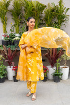 Mustard Yellow Printed Chanderi Kurta Set