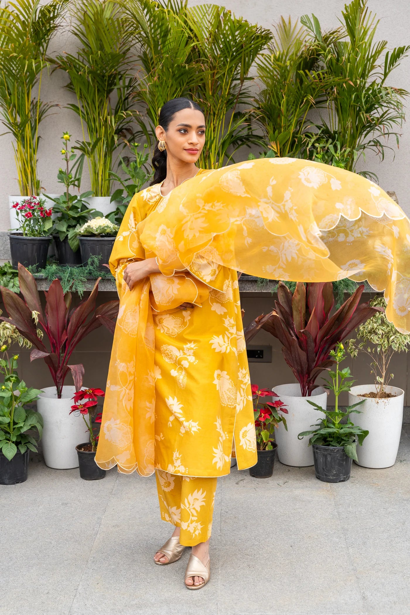 Mustard Yellow Printed Chanderi Kurta Set