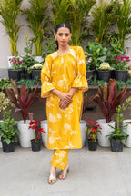 Mustard Yellow Printed Chanderi Kurta Set
