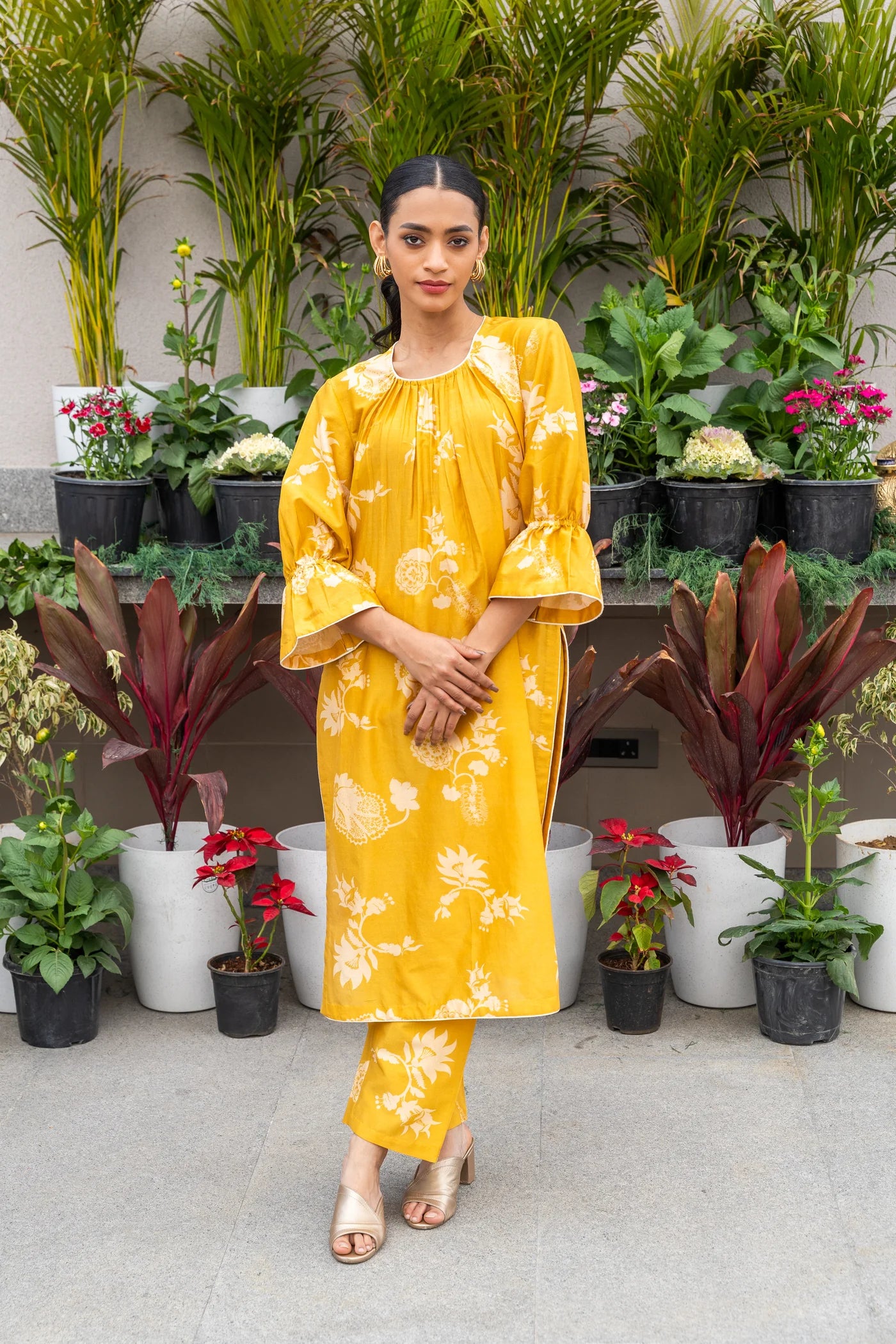 Mustard Yellow Printed Chanderi Kurta Set