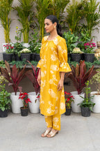 Mustard Yellow Printed Chanderi Kurta Set