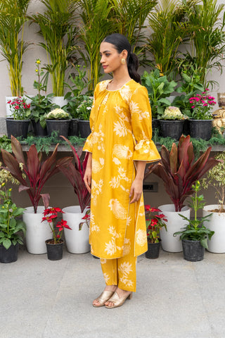 Mustard Yellow Printed Chanderi Kurta Set