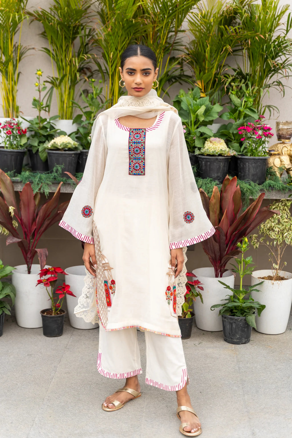 Beige Patch Detail Chanderi Silk Kurta Set