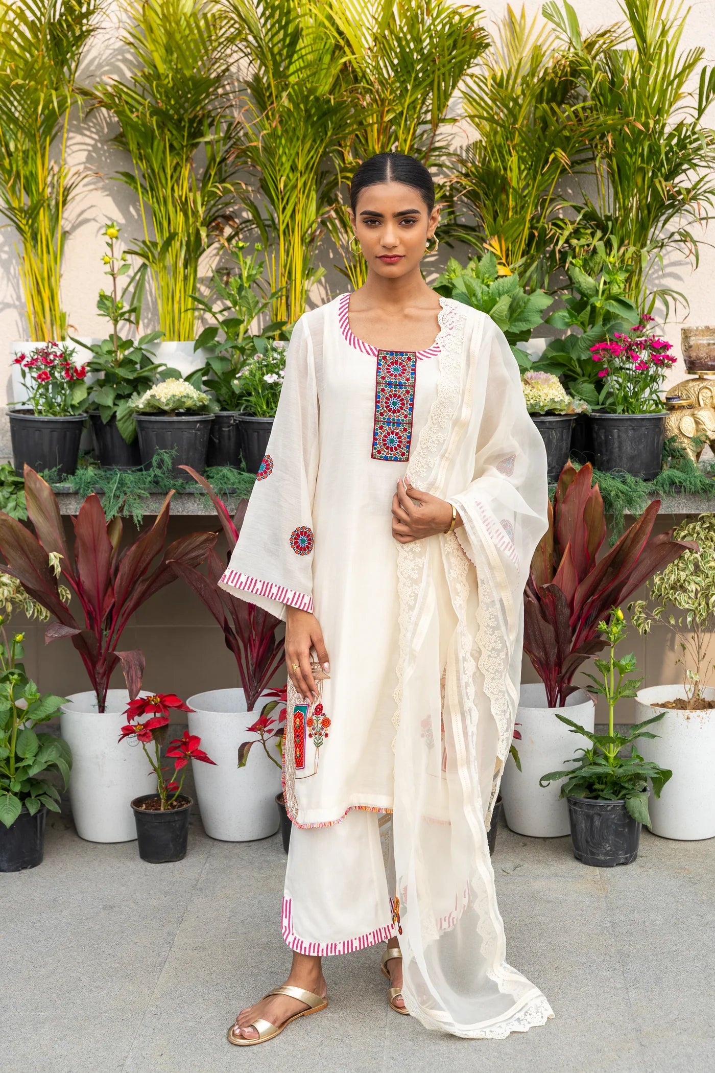 Beige Patch Detail Chanderi Silk Kurta Set Main image