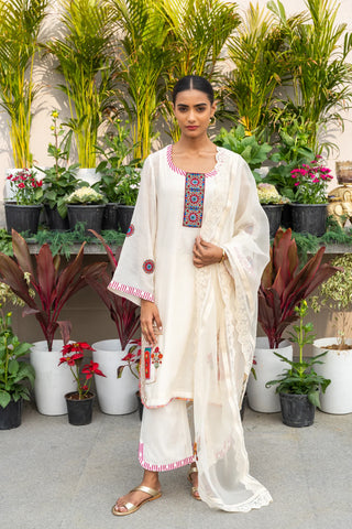 Beige Patch Detail Chanderi Silk Kurta Set