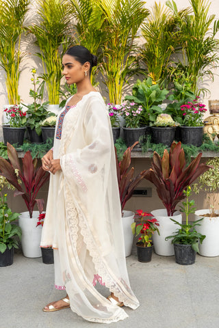 Beige Patch Detail Chanderi Silk Kurta Set