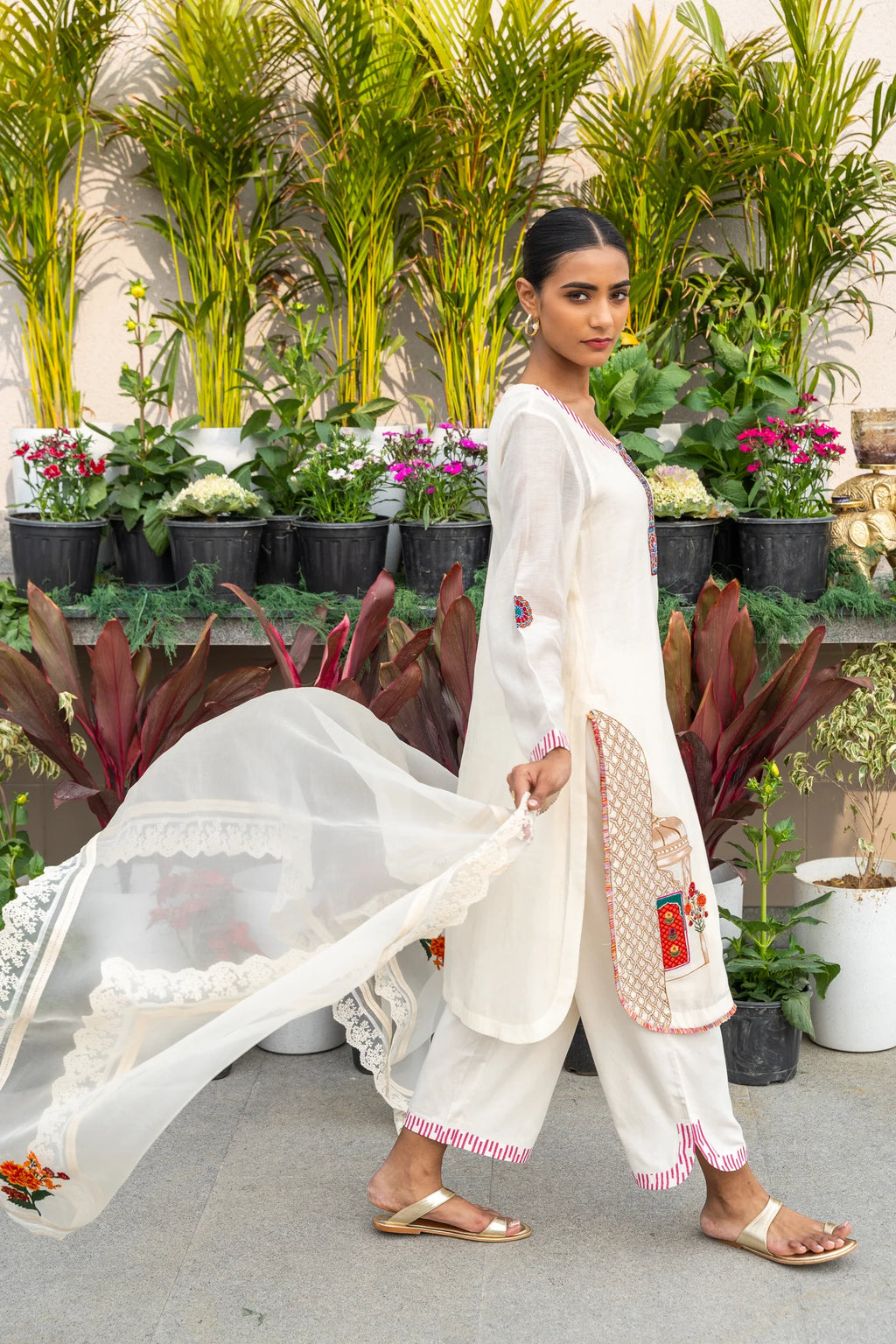 Beige Patch Detail Chanderi Silk Kurta Set