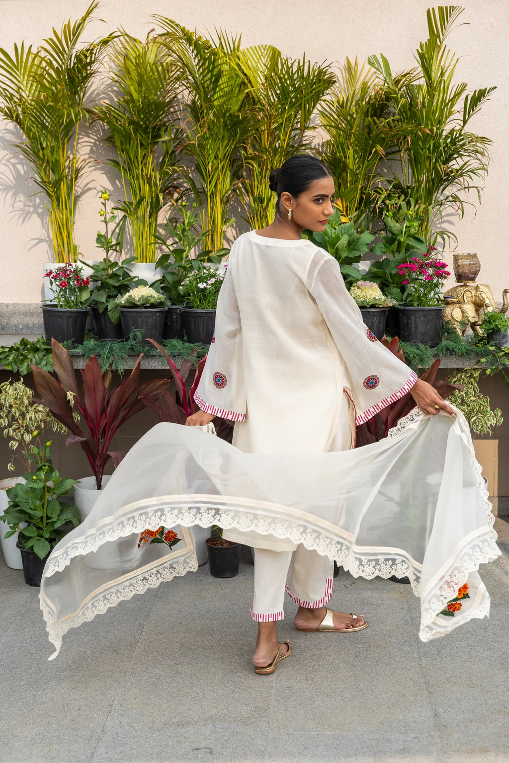 Beige Patch Detail Chanderi Silk Kurta Set