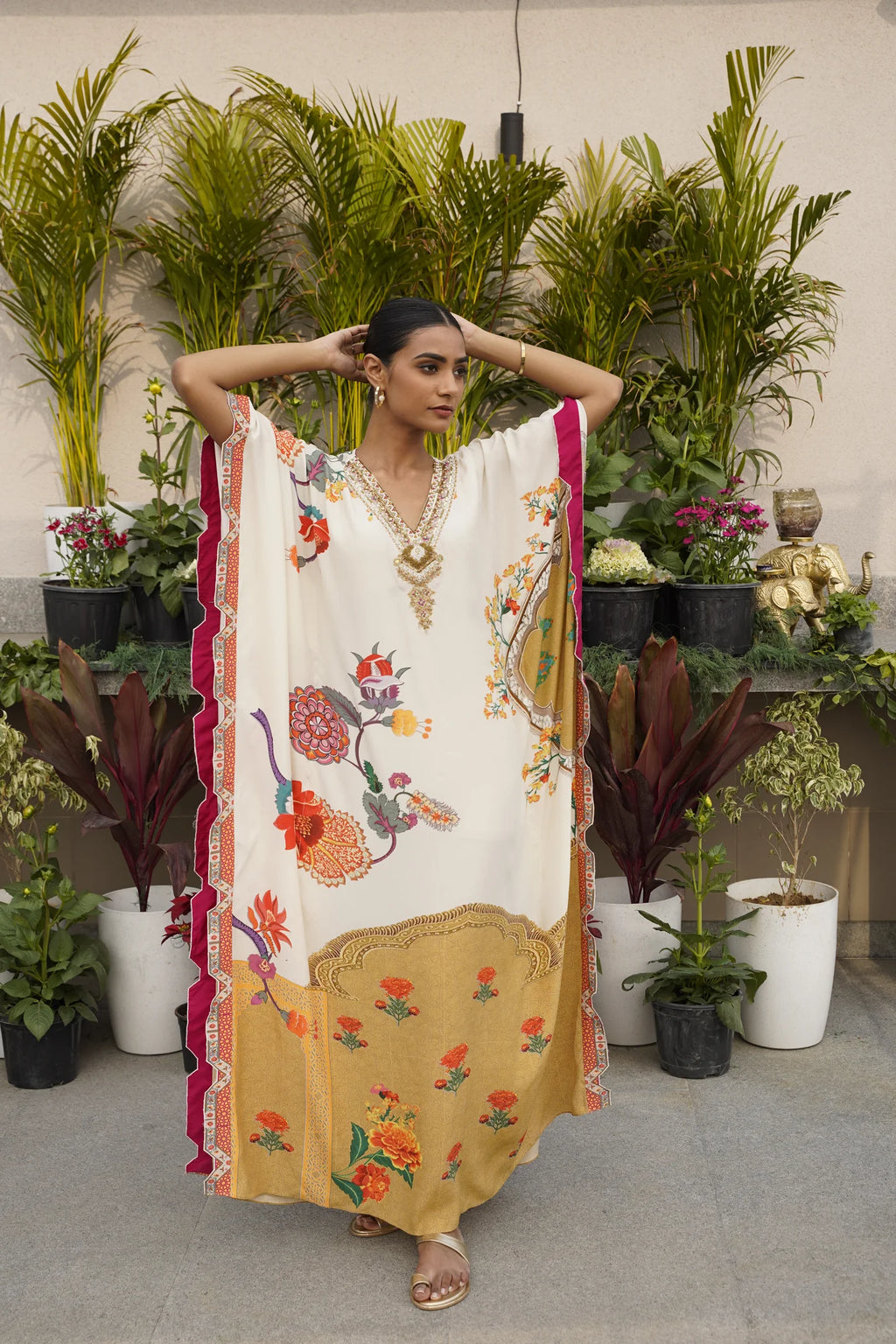 Cream Floral & Mughal Printed Kaftan