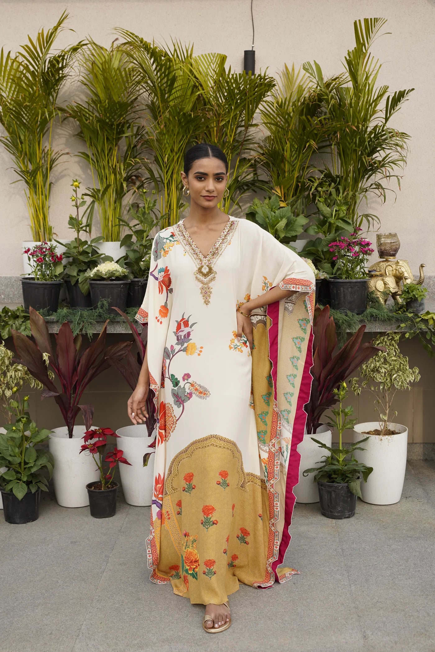Cream Floral & Mughal Printed Kaftan Main image