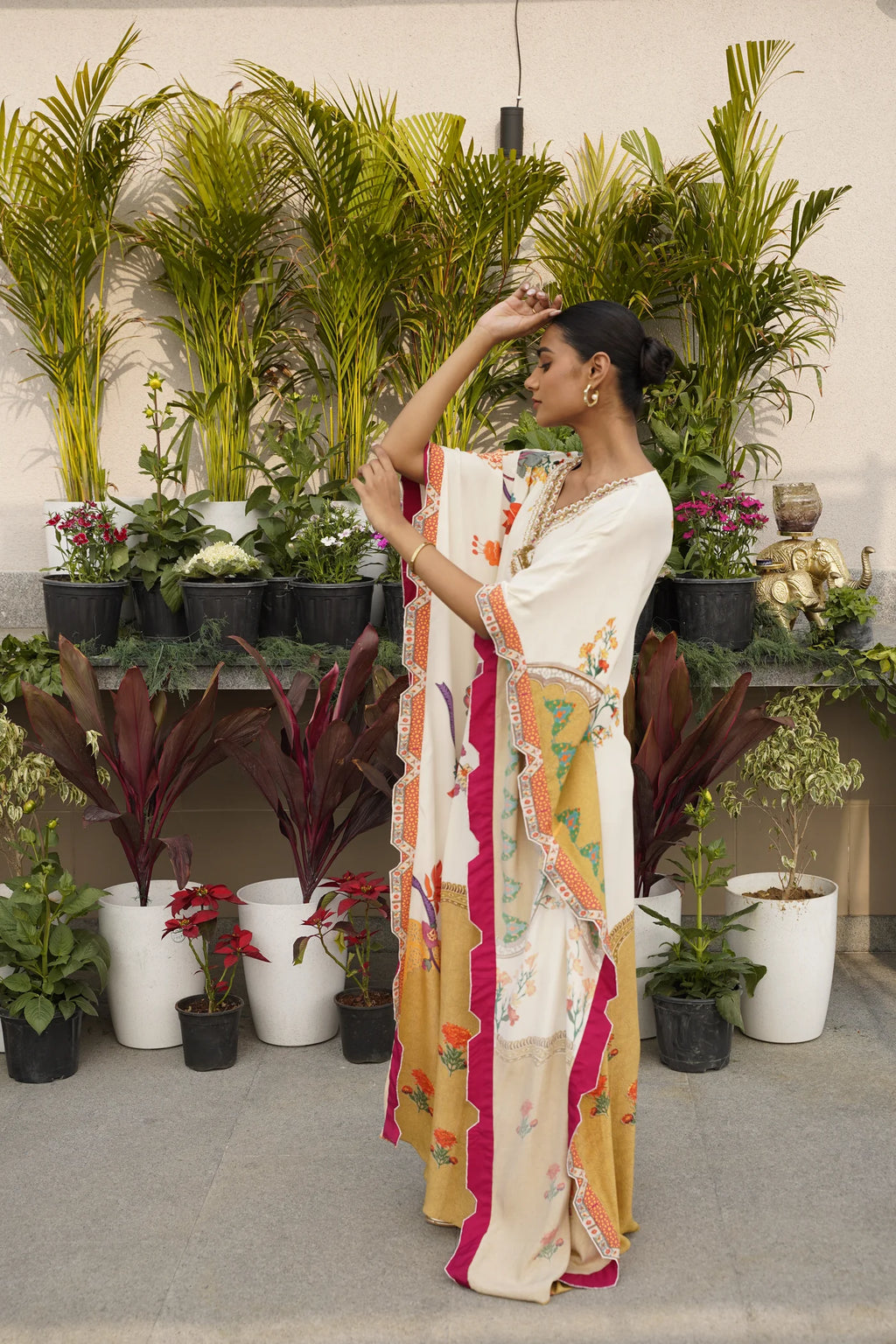 Cream Floral & Mughal Printed Kaftan
