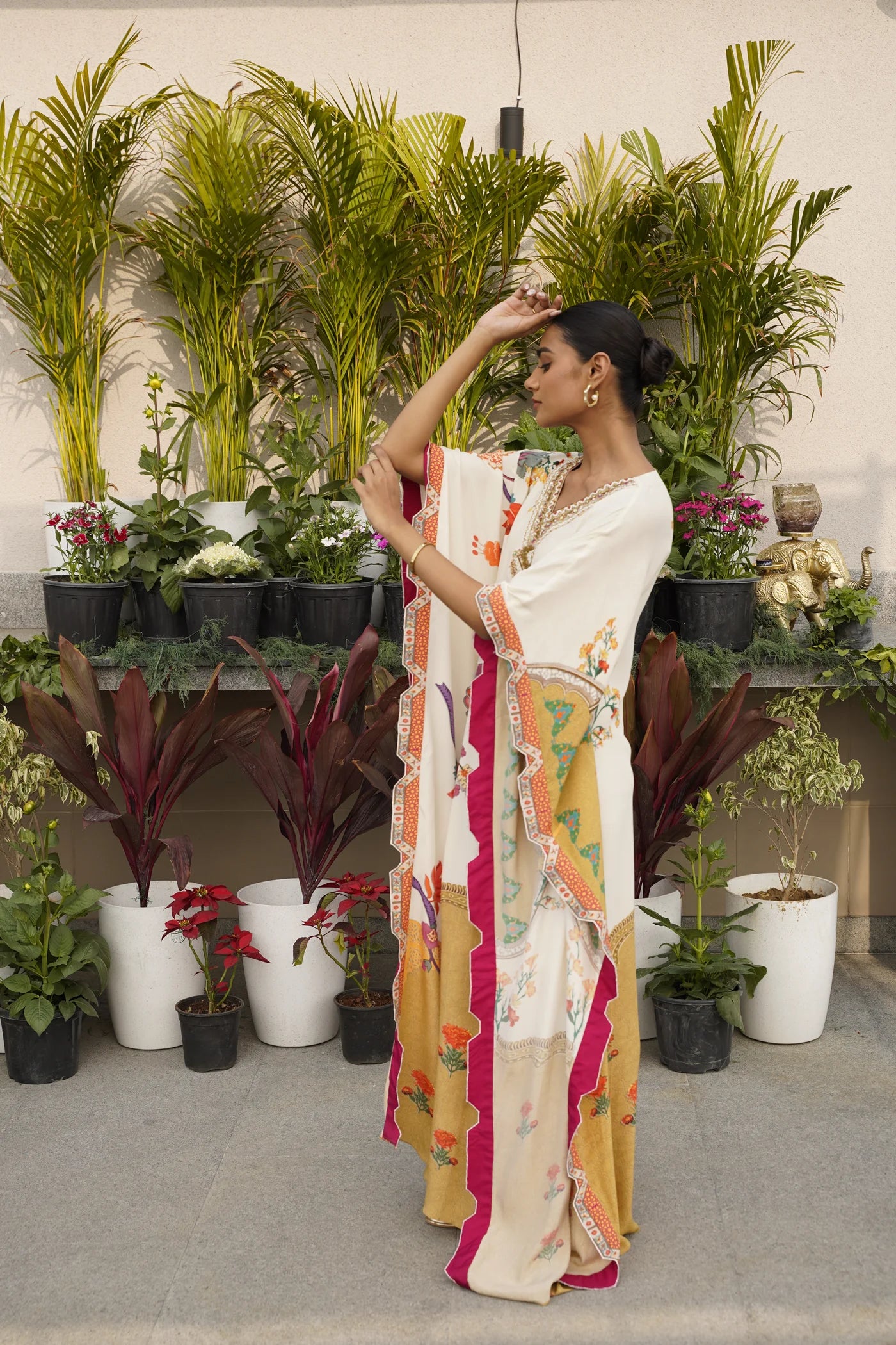 Cream Floral & Mughal Printed Kaftan