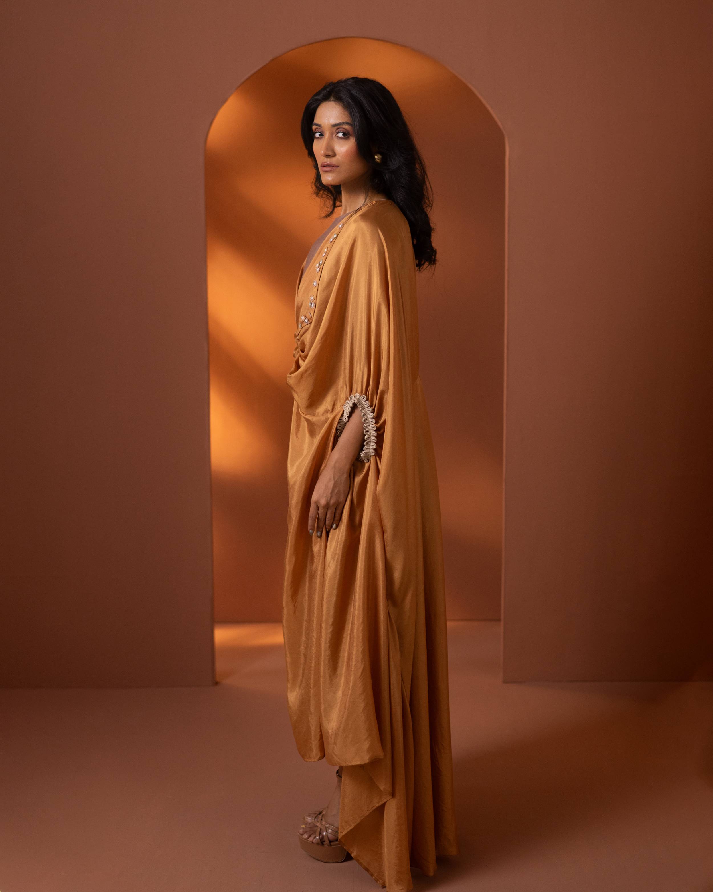 Marigold Silk Dress & Cape Set