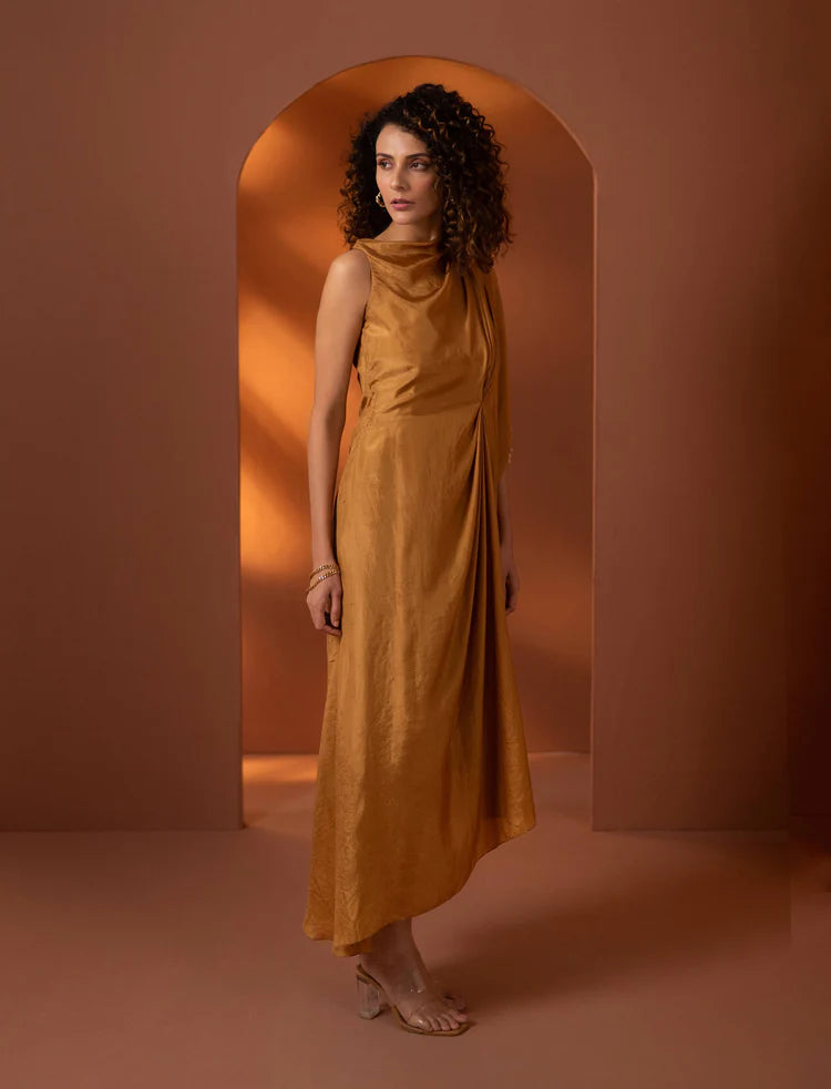 Marrakech Sunset Yellow Silk Draped Dress