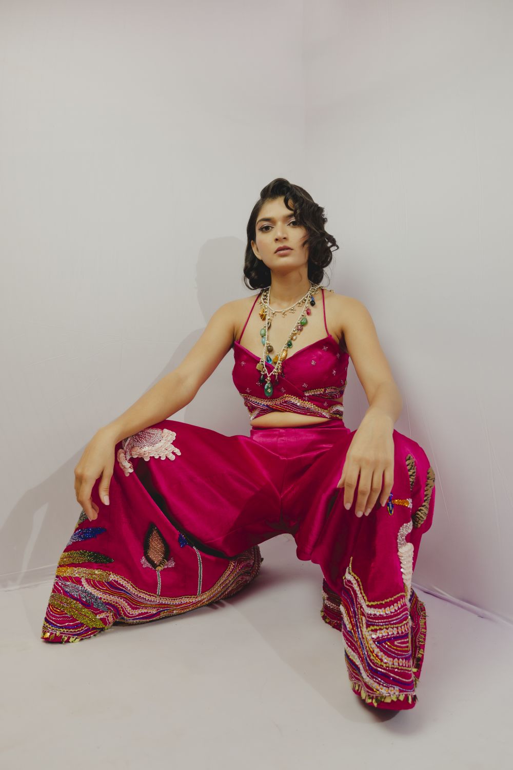 Embroidered Birds Pants Set