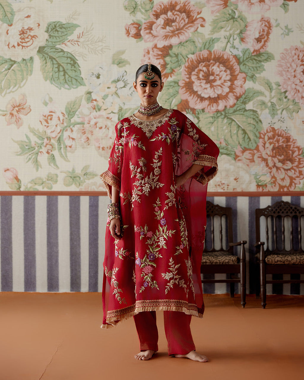 Floral Embroidered Kaftan Pant Set