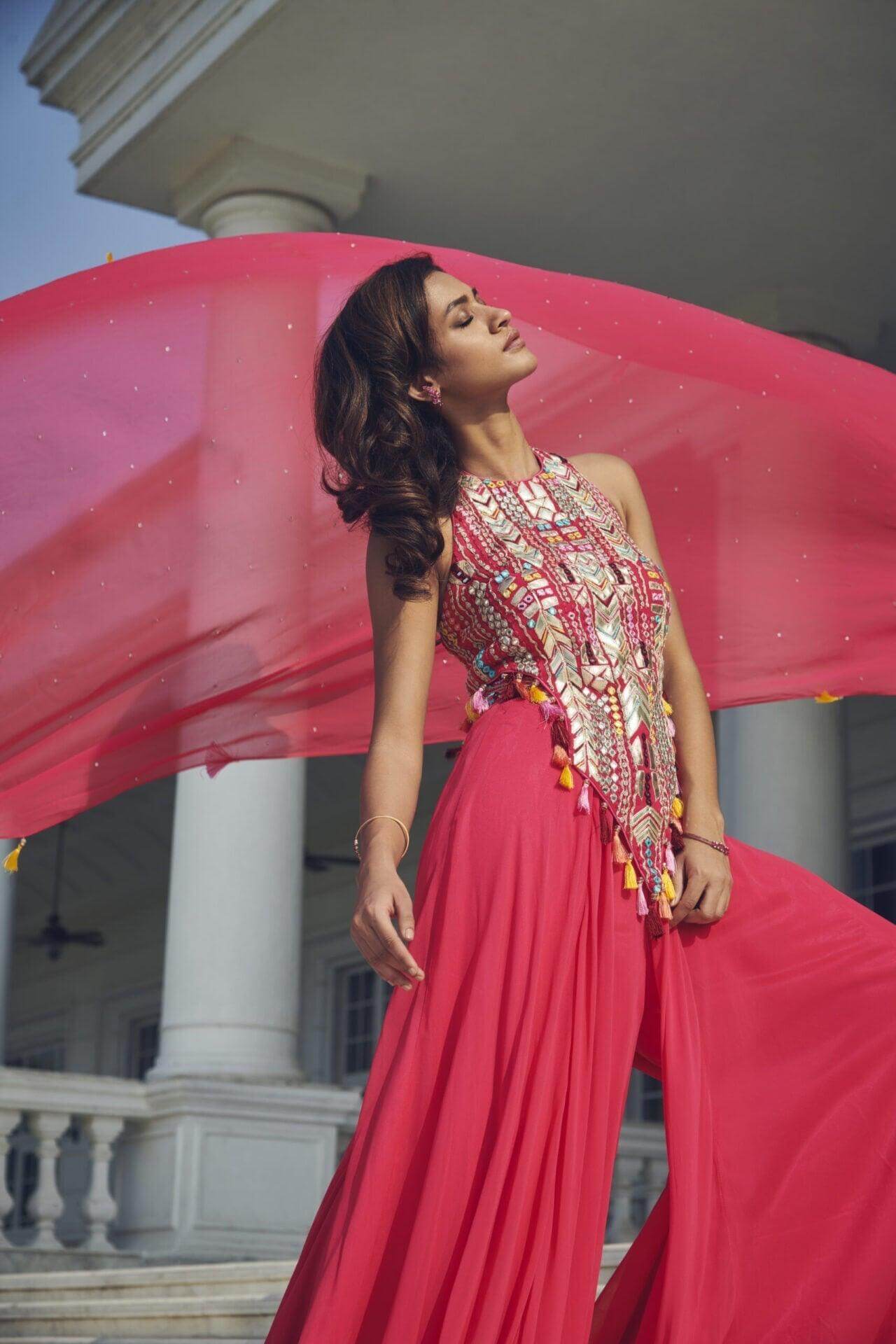 Leather & Multi Resham Embroidered Peplum Top & Sharara Set