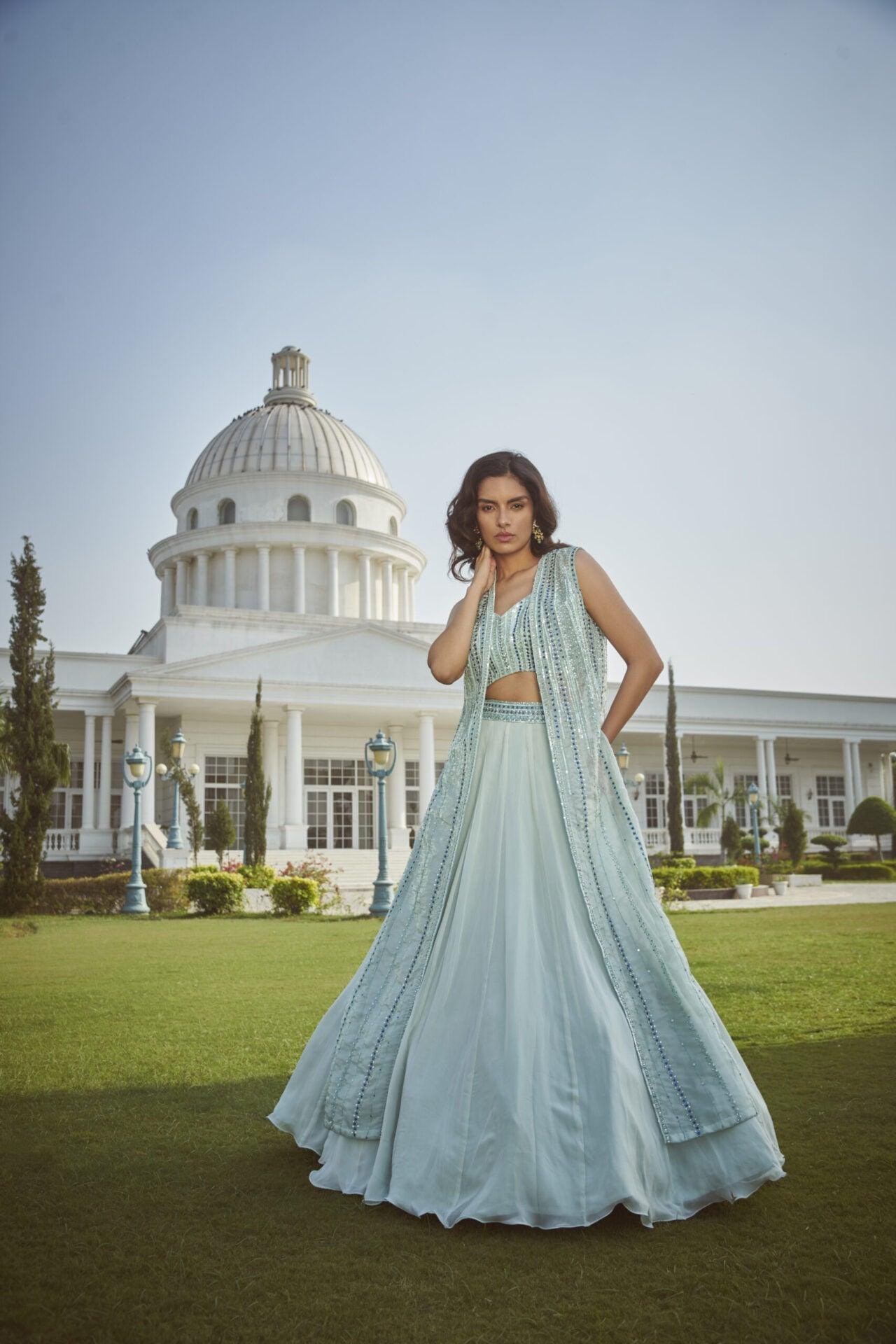 Crop Blouse with Long Jacket & Skirt Set Main image