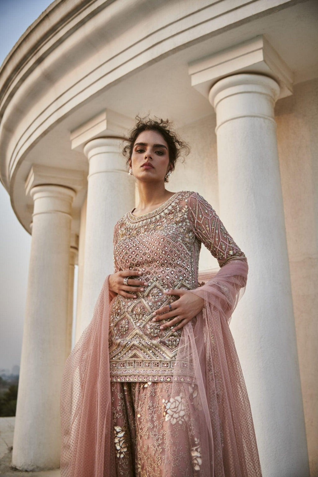 Grid Embroidered Short Kurta & Sharara Set