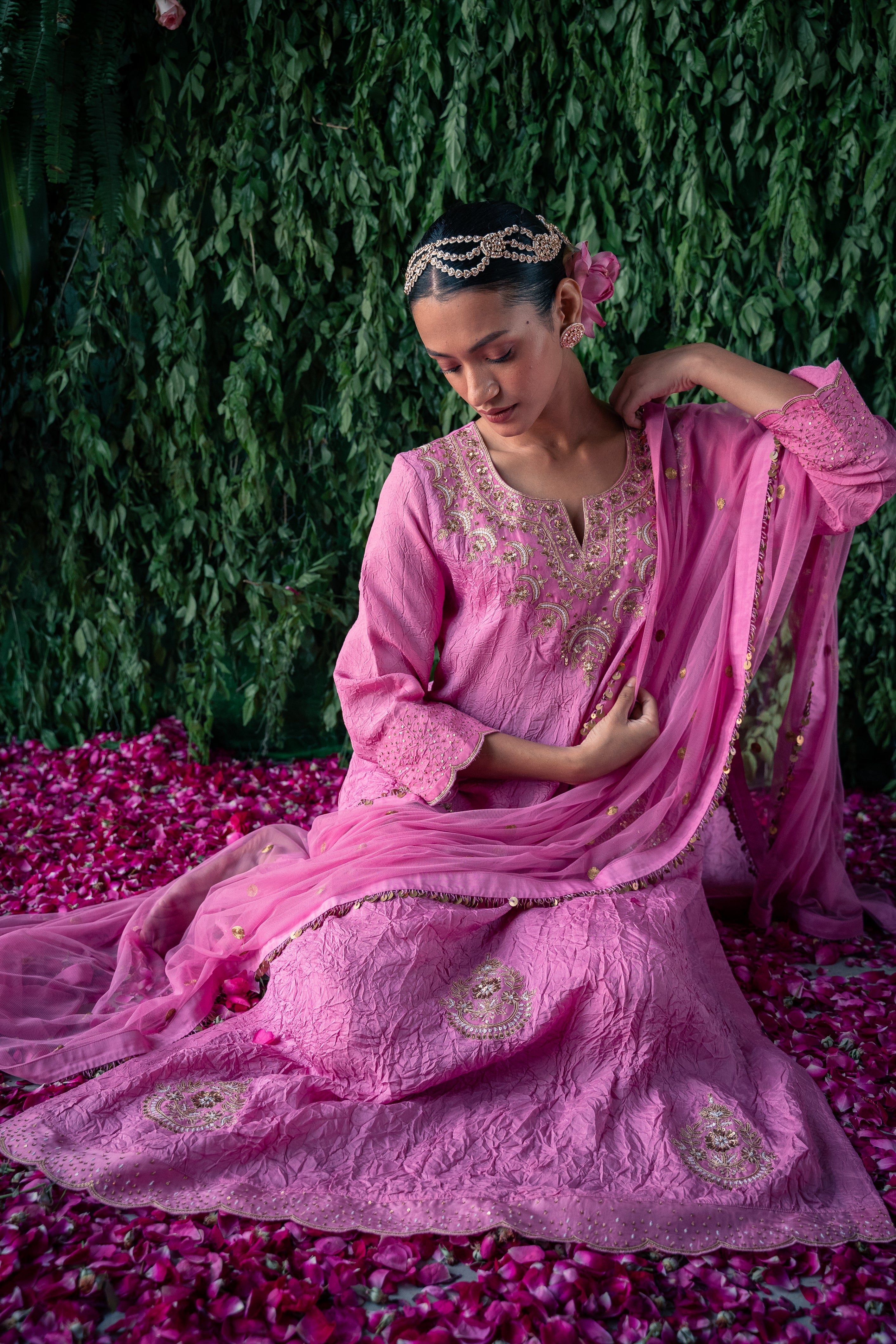 Crushed silk kurta with Embroidery and Silk Pants with Net Dupatta