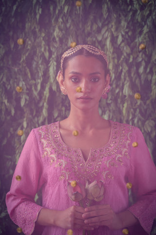 Crushed silk kurta with Embroidery and Silk Pants with Net Dupatta