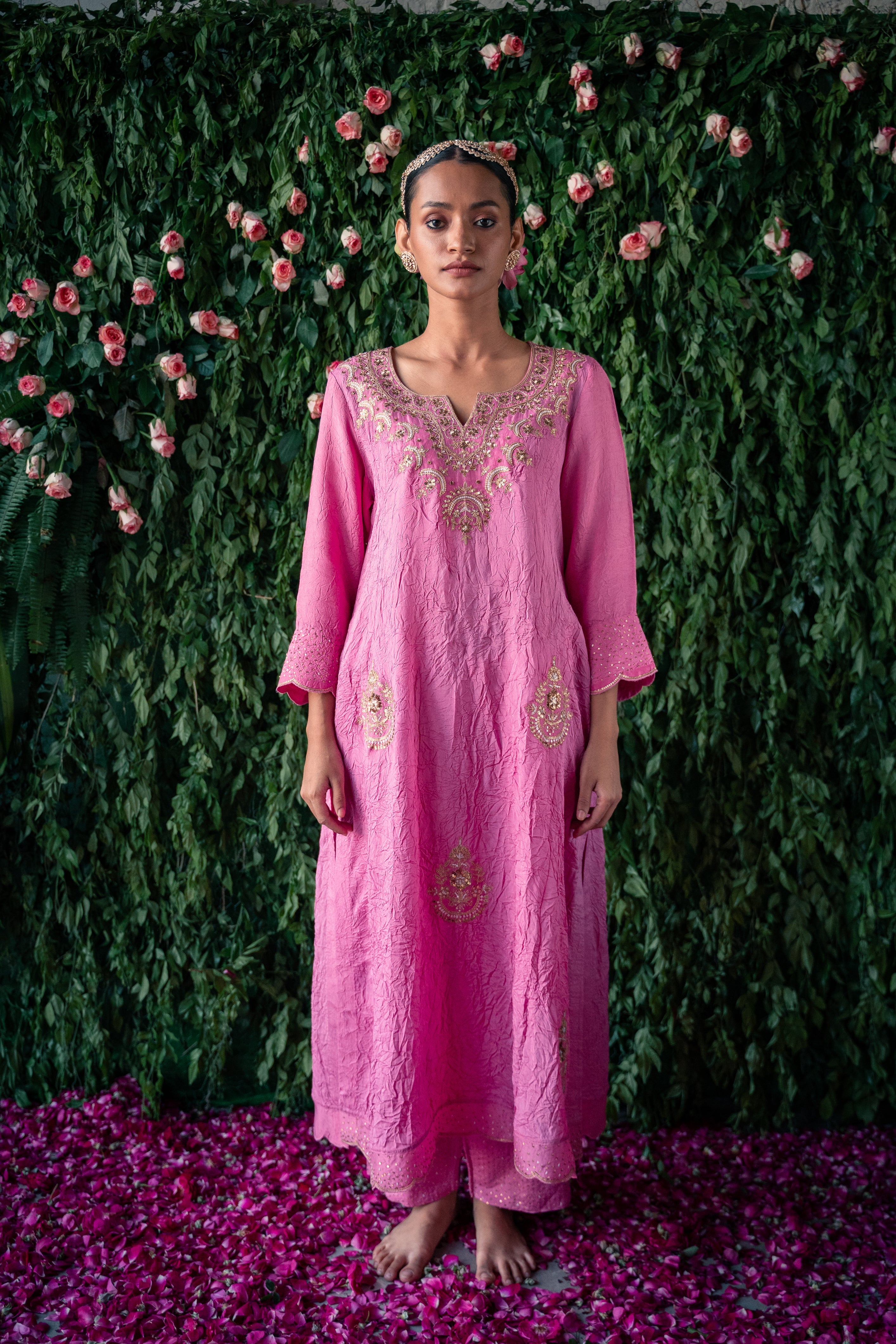 Crushed silk kurta with Embroidery and Silk Pants with Net Dupatta