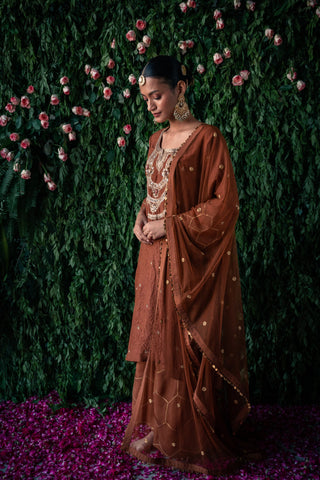 Crushed Silk Kurta with Embroidery and Farshi with Gota Detailing