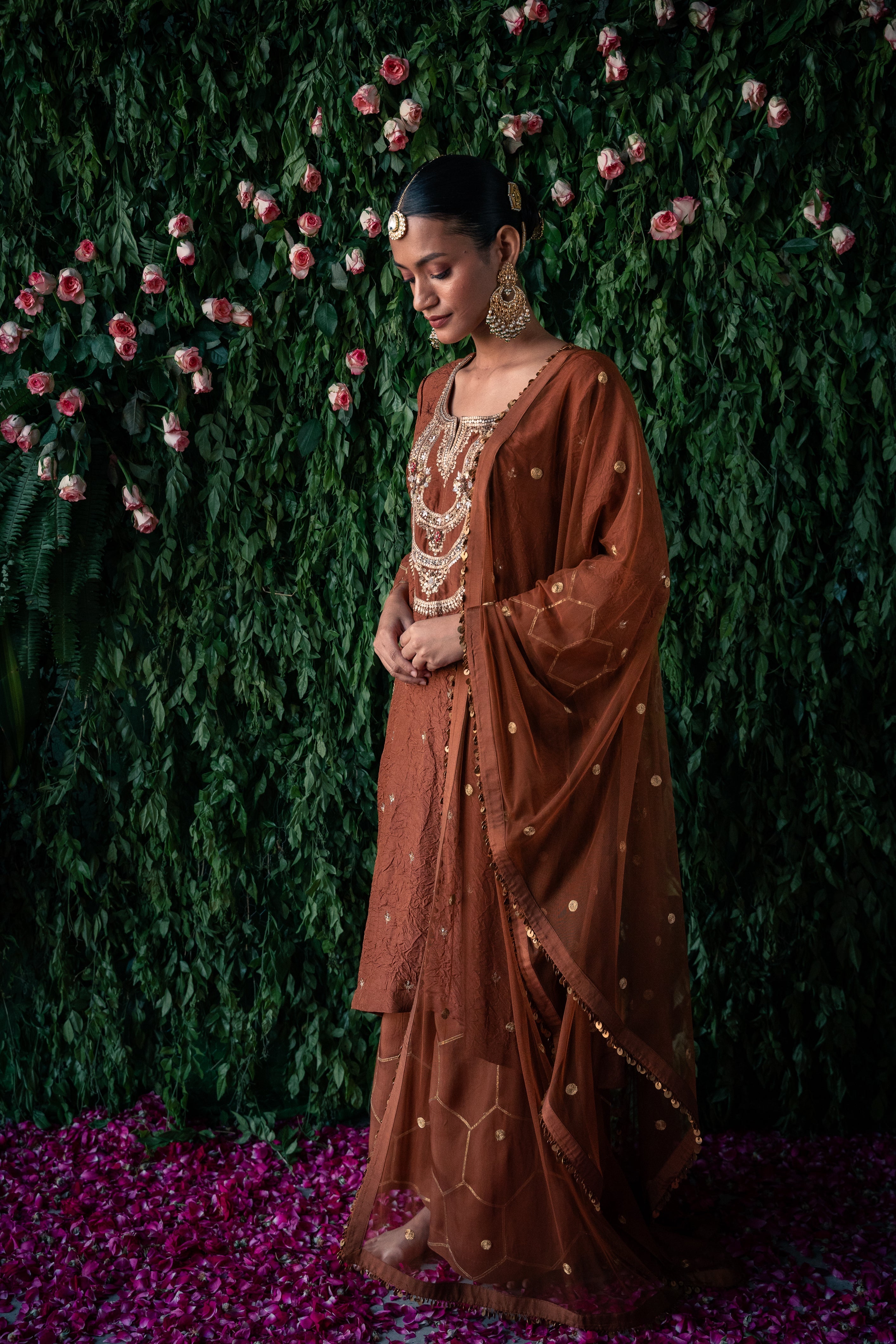 Crushed Silk Kurta with Embroidery and Farshi with Gota Detailing