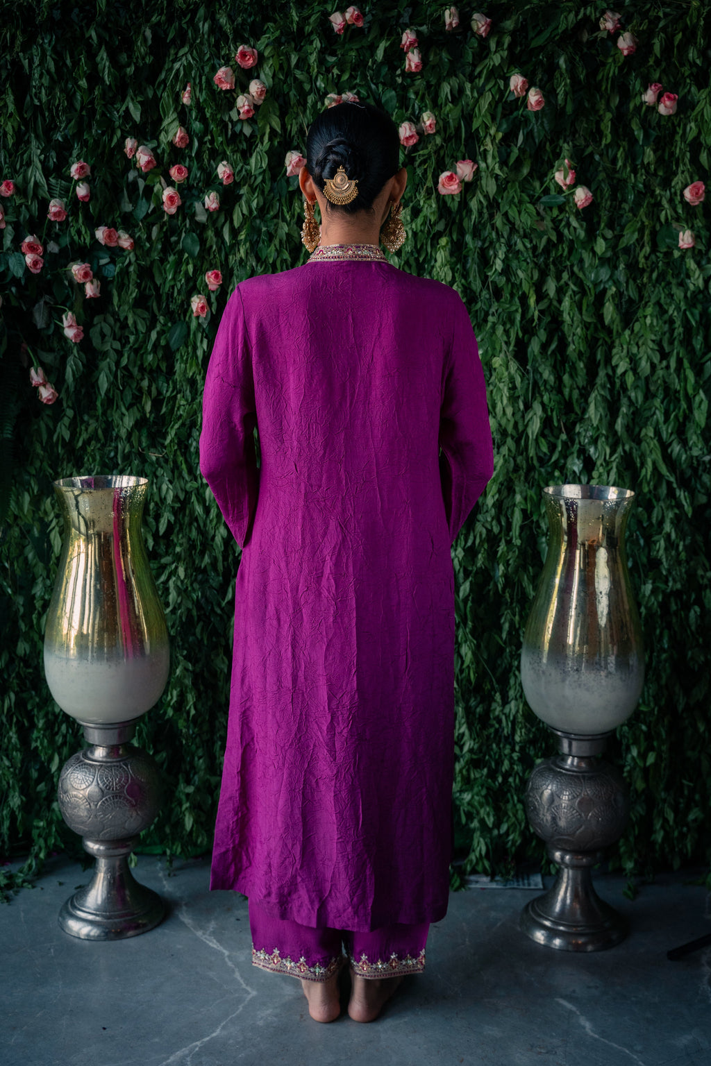 Chinese Collar Kurta Set with Contrast Design Dupatta