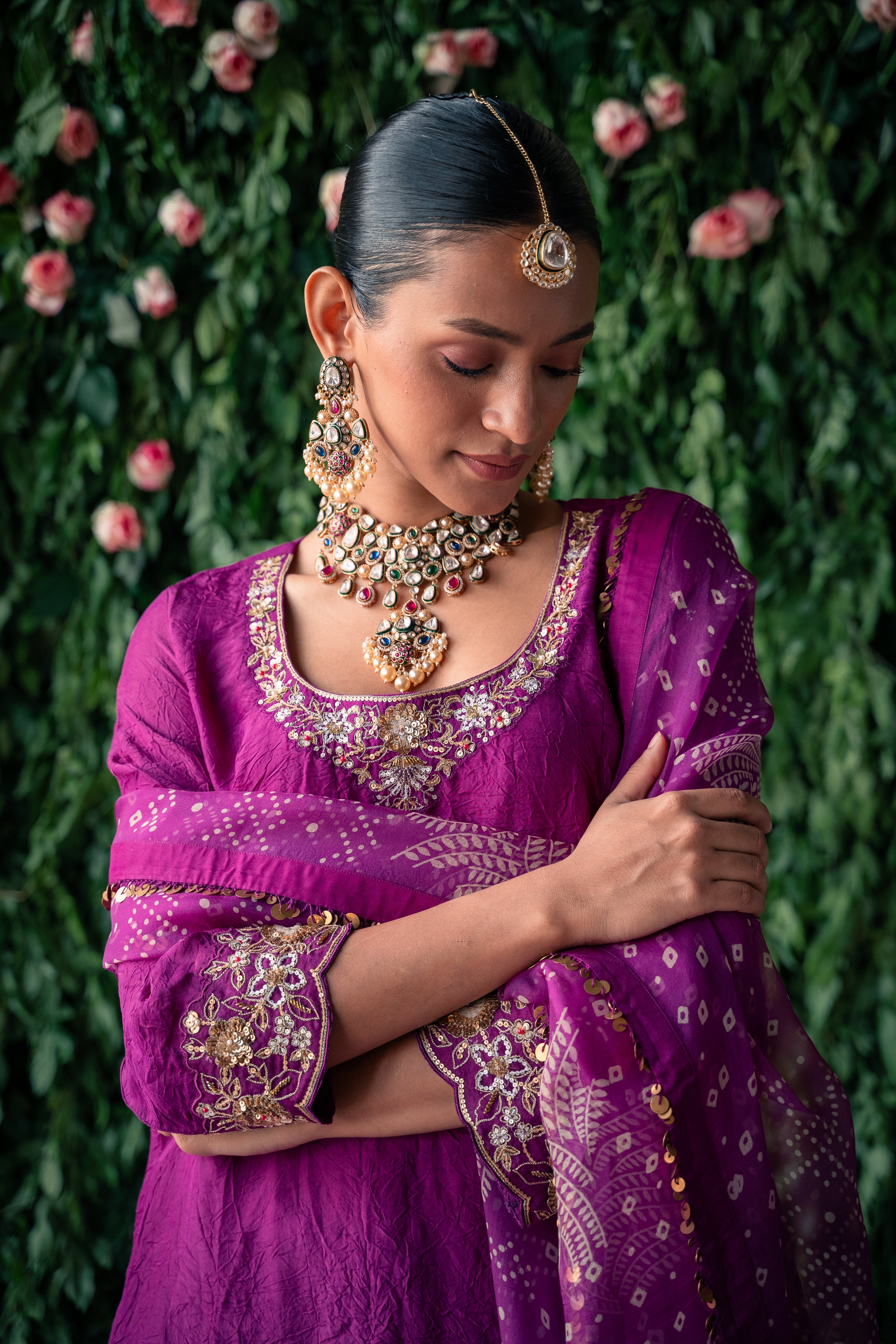 Crushed silk kurta set with embroidery